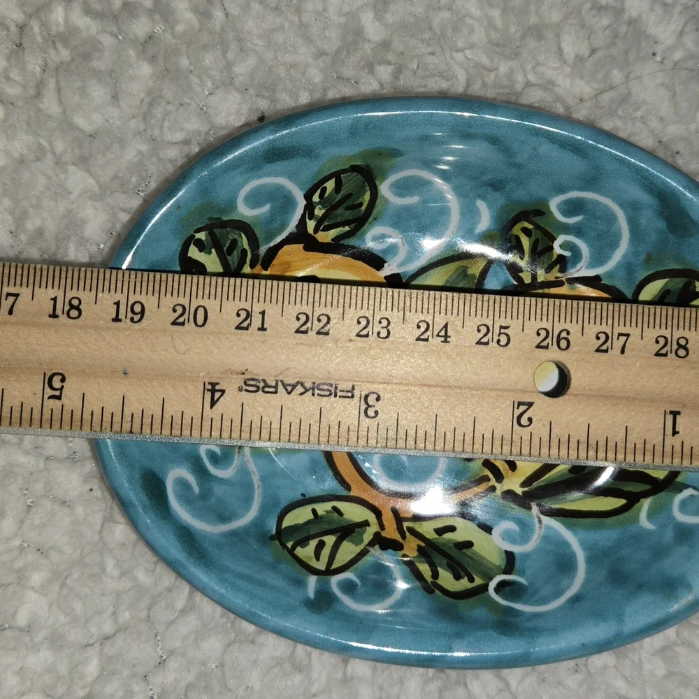Vibrant Hand Painted Italian Ceramic Lemon Small Bowl Platter - Teal and Yellow